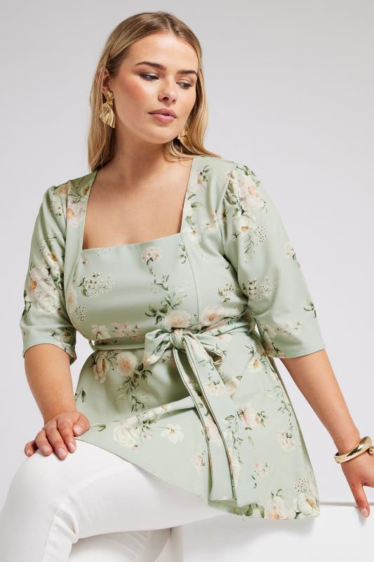 Yours London YOURS LONDON Curve Green Floral Print Square Neck Top
