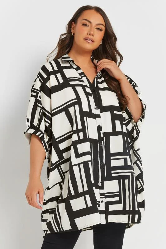 Yours YOURS Curve White & Black Abstract Oversized Shirt