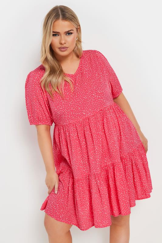 Yours YOURS Curve Pink Dot Print Tiered Mini Dress