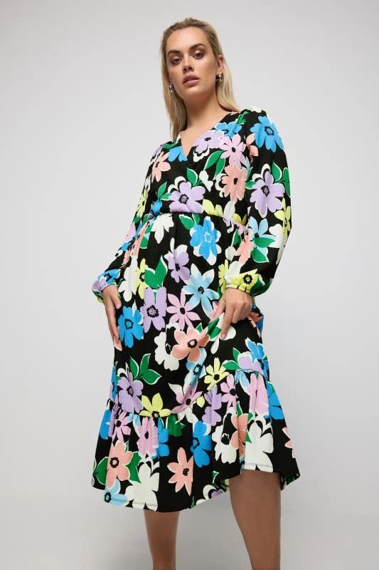 Yours YOURS Curve Black Floral Print Long Sleeve Textured Wrap Dress