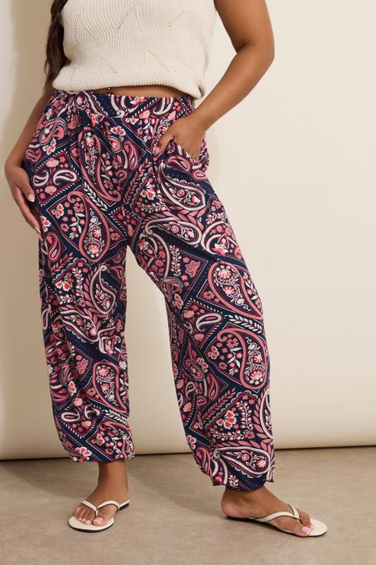 Yours YOURS Curve Navy Blue Paisley Print Harem Trousers