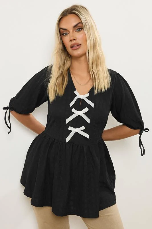Yours YOURS Curve Black Textured Bow Tie Front Top
