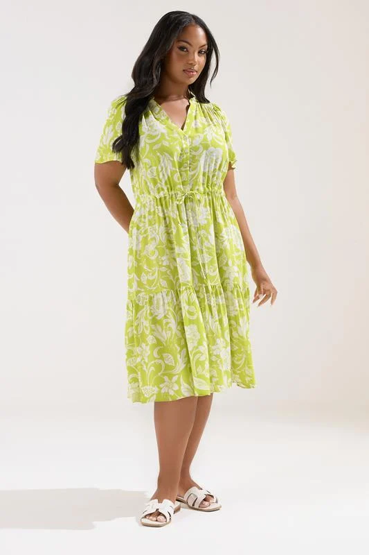 Yours YOURS Curve Lime Green Floral Tiered Midi Dress