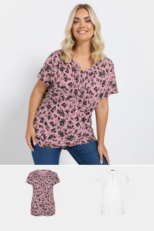 Yours YOURS Curve 2 PACK Pink & White Ditsy Floral Pintuck Henley Tops