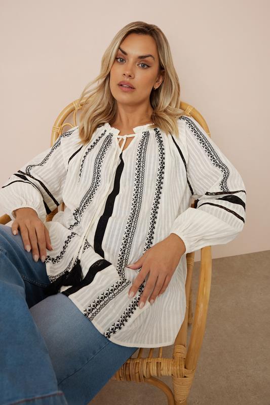 Yours YOURS Curve Cream Embroidered Tie Neck Blouse