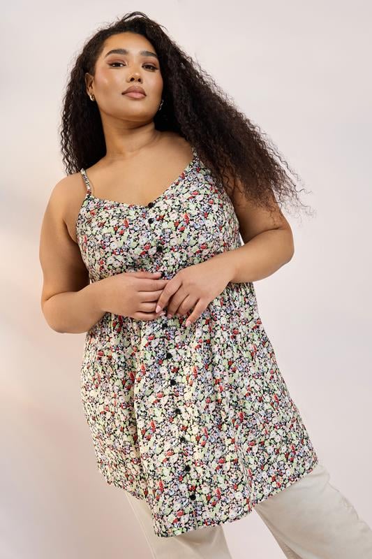 Yours YOURS Curve Black Ditsy Floral Button Cami Vest Top