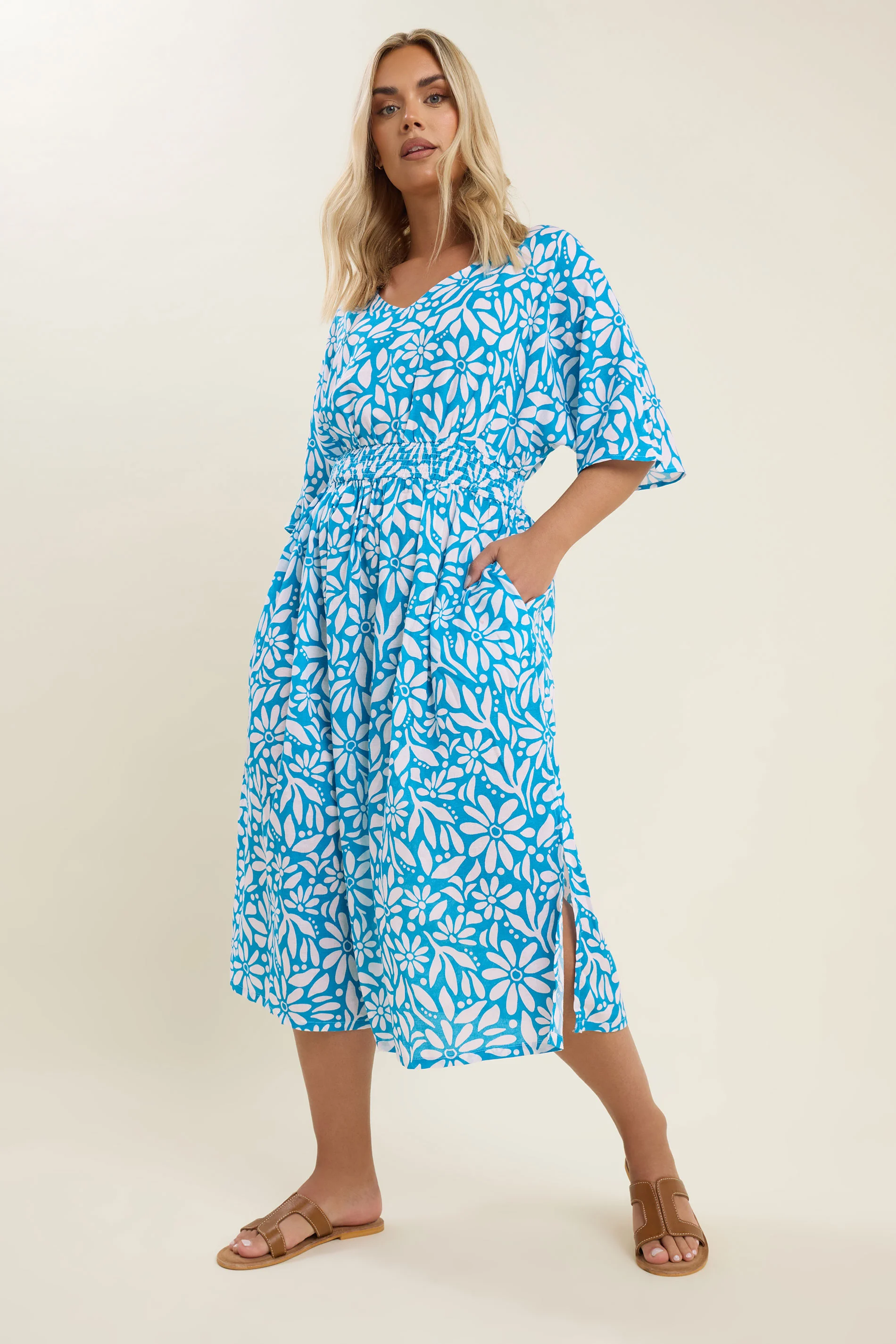 Yours YOURS Curve Blue Floral Print Linen Midaxi Dress