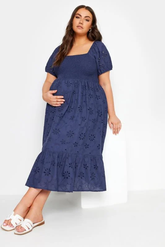 Bump It Up BUMP IT UP MATERNITY Curve Navy Blue Cotton Broderie Midi Dress
