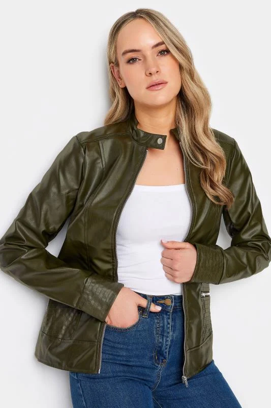 LTS LTS Tall Khaki Green Faux Leather Funnel Neck Jacket