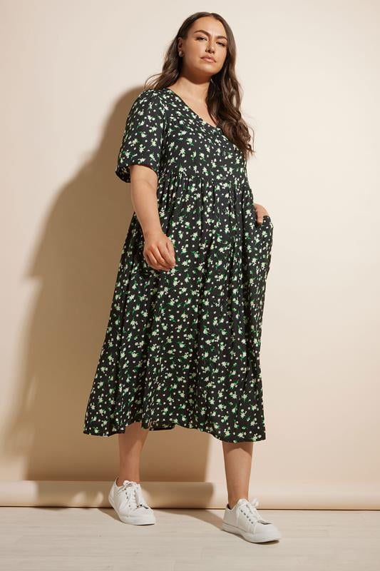 Yours YOURS Curve Black Daisy Print Smock Midaxi Dress