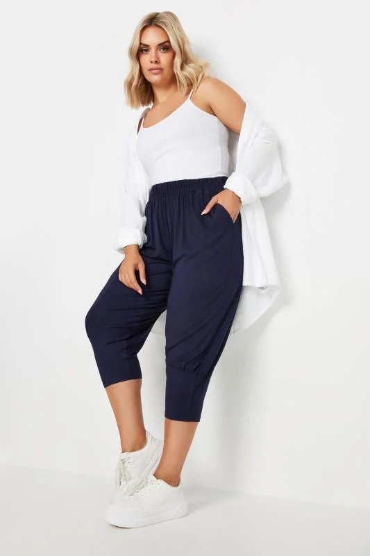 Yours YOURS Curve Navy Blue Ruched Harem Trousers