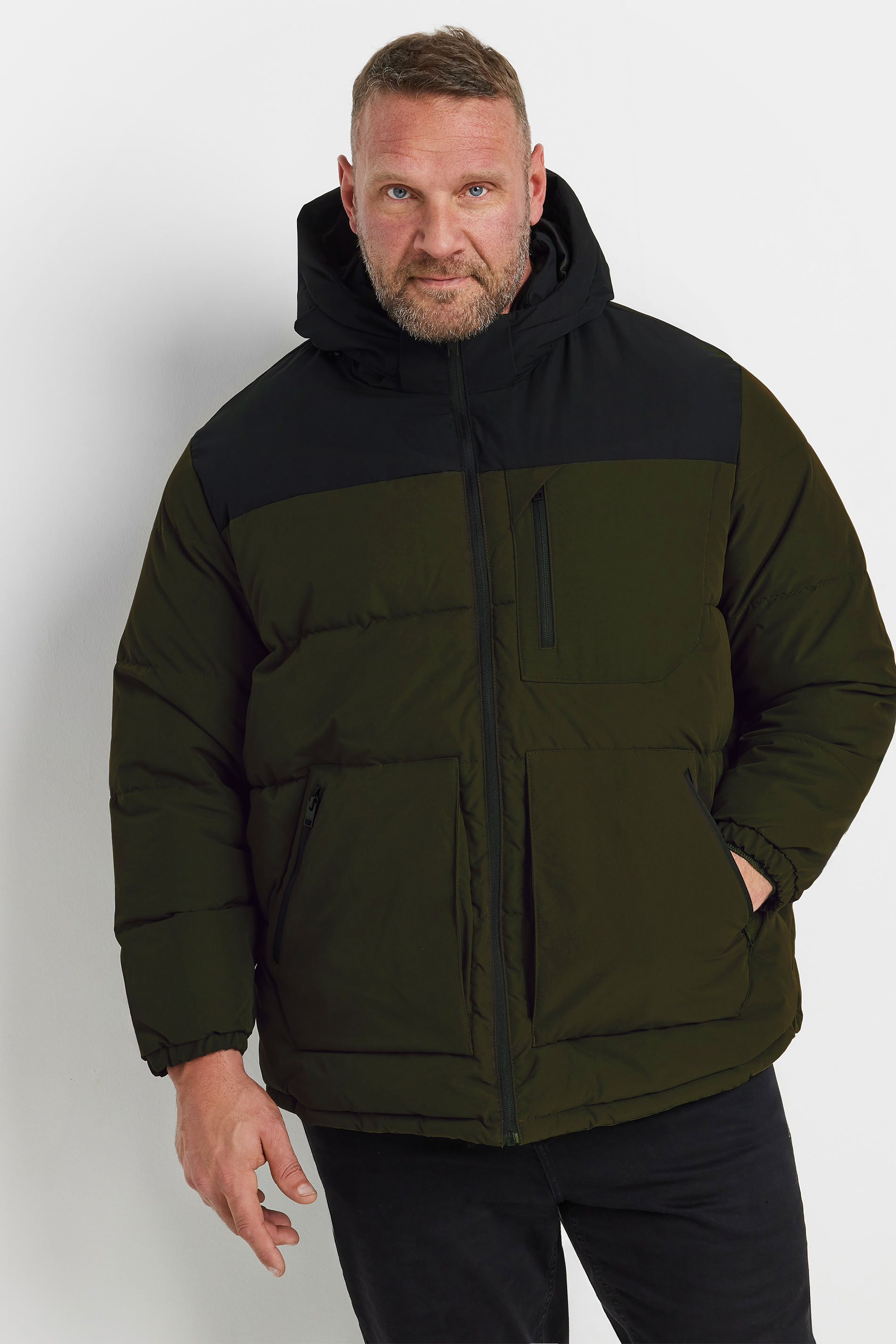 Jack & Jones JACK & JONES Big & Tall Dark Green Hooded Colourblock Puffer Jacket