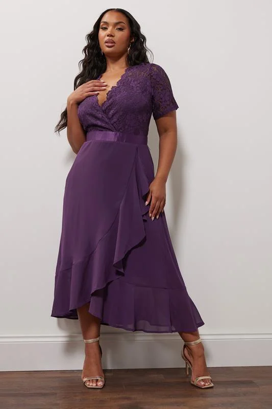 Yours London YOURS LONDON Curve Purple Lace Wrap Ruffle Midi Dress