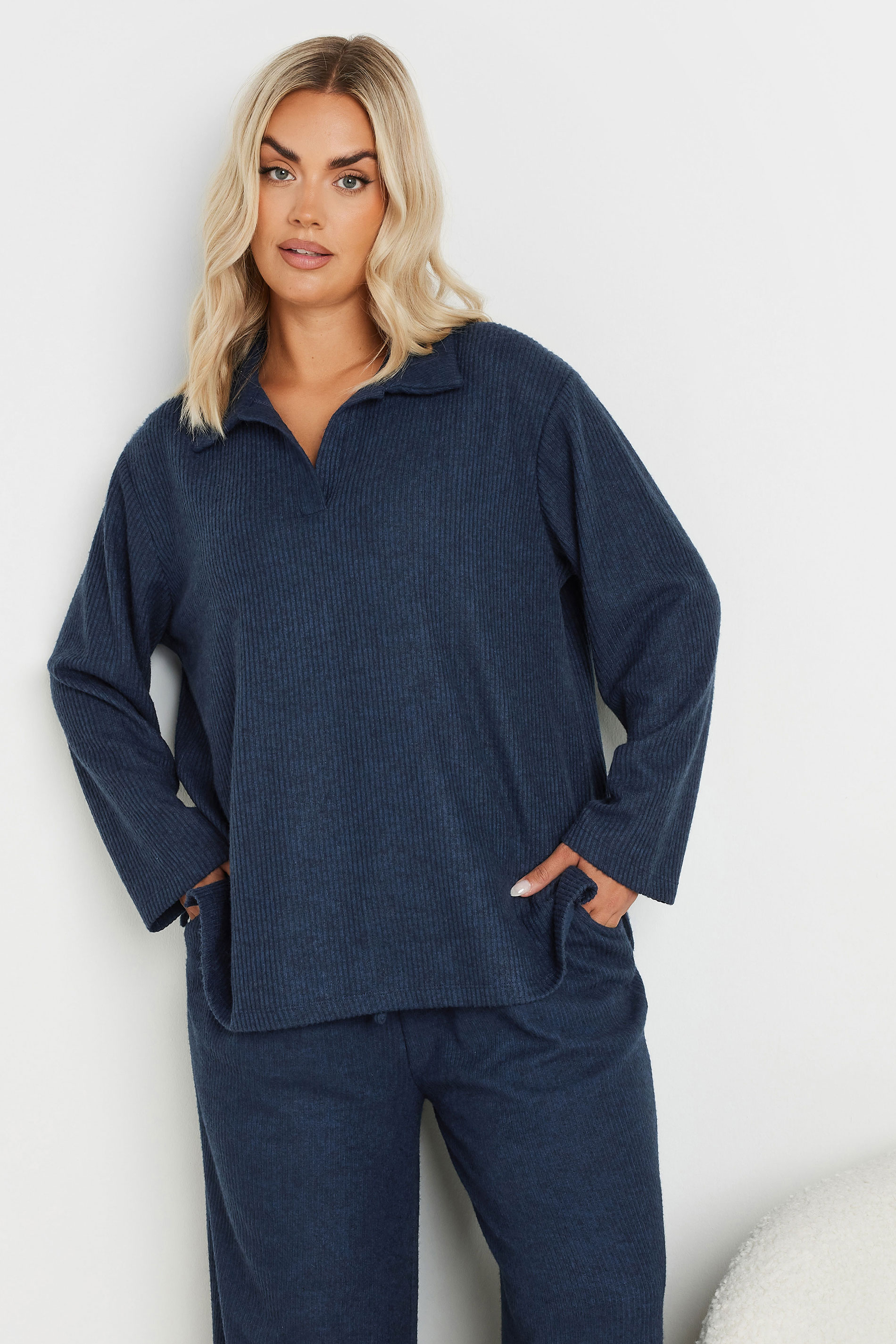 Yours YOURS Curve Navy Blue Soft Touch Collared Top
