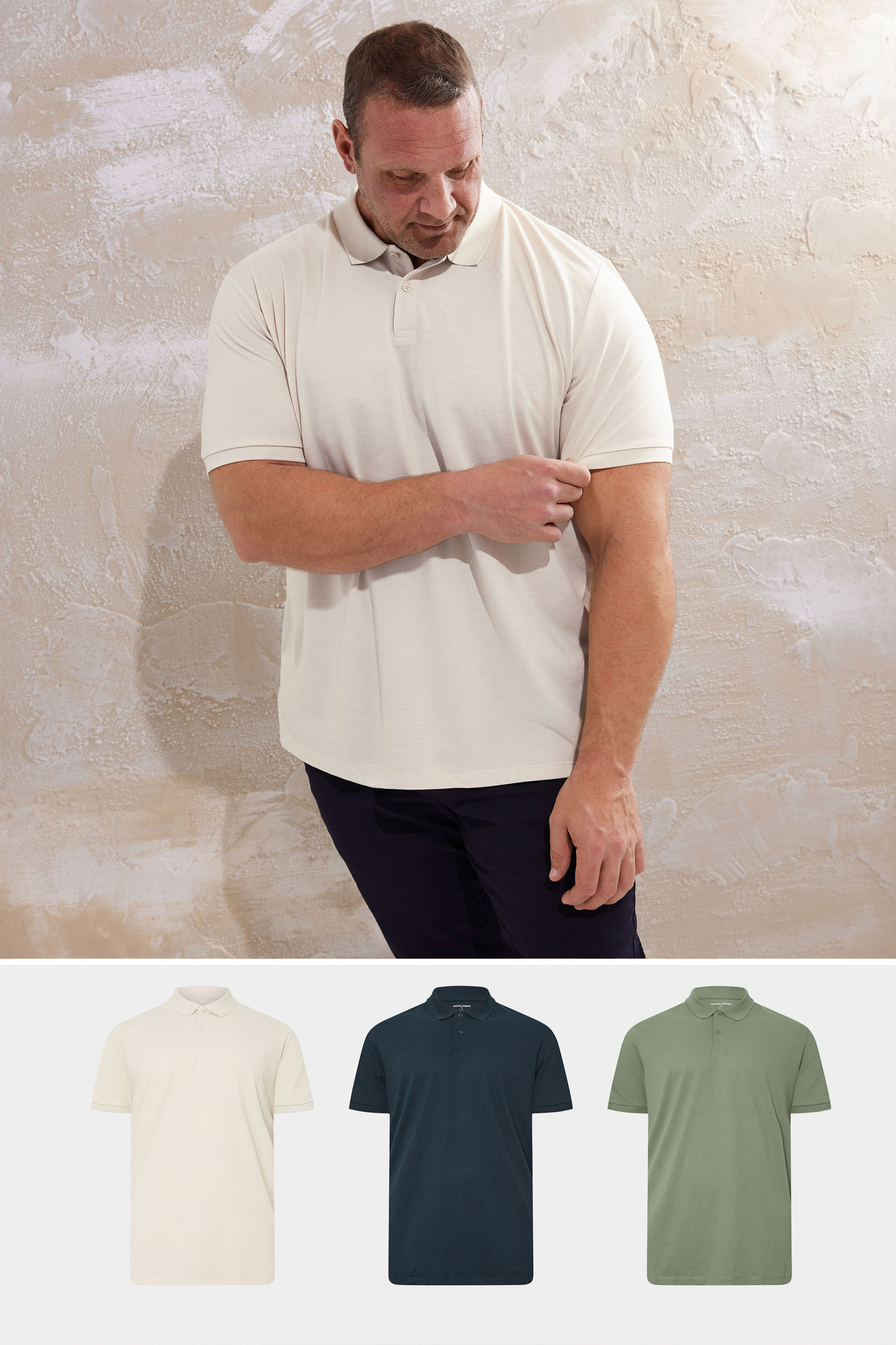 Jack & Jones JACK & JONES Big & Tall 3 PACK Sage Green & Moonbeam White Polo shirts