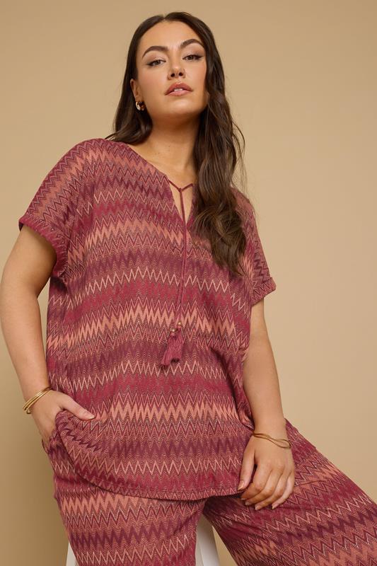 Yours YOURS Curve Rust Orange Metallic Zig Zag Tie Neck Top