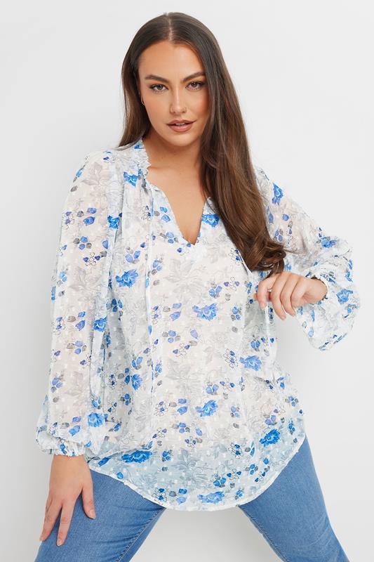 Yours YOURS Curve Blue Floral Print Frill Neck Blouse