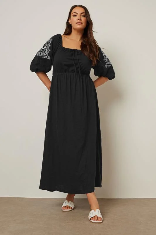 Yours YOURS Curve Black Embroidered Puff Sleeve Maxi Dress