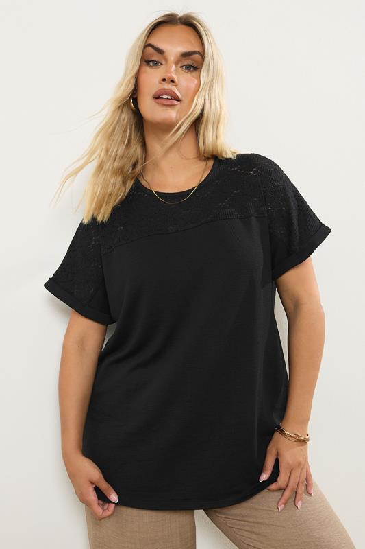 Yours YOURS Curve Black Lace Panel T-Shirt