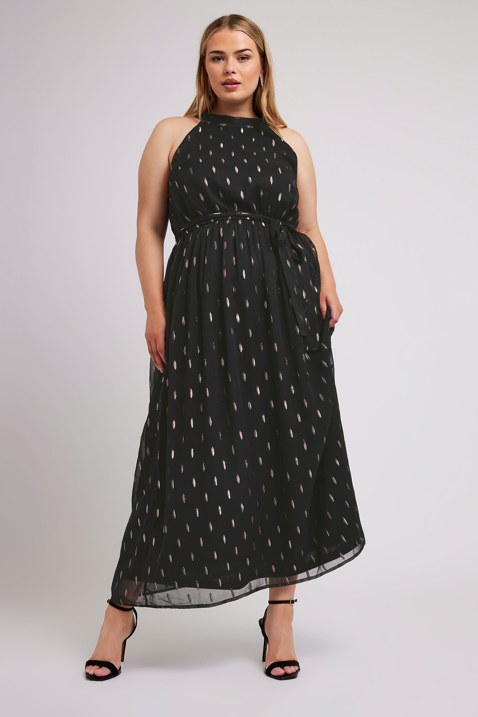 Yours London YOURS LONDON Curve Black Metallic Spot Print Halterneck Maxi Dress