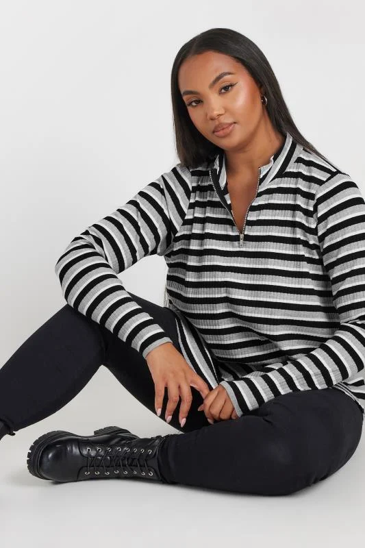 Yours YOURS Curve Grey Striped Quarter Zip Top