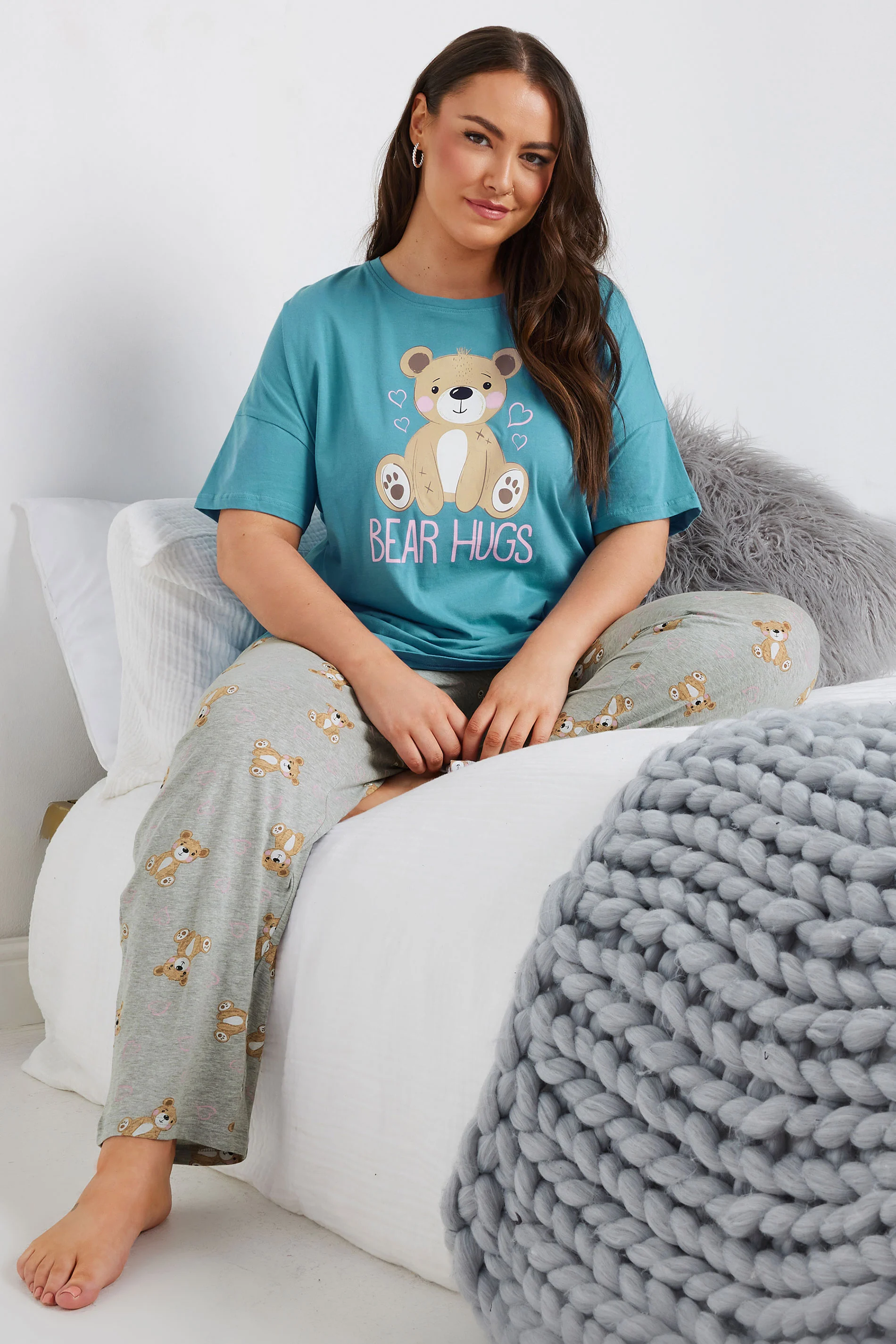Yours YOURS Curve Blue 'Bear Hugs' Wide Leg Pyjama Set