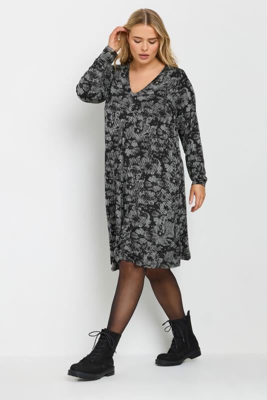 Yours YOURS Curve Black Floral Print Pleat Front Midi Dress