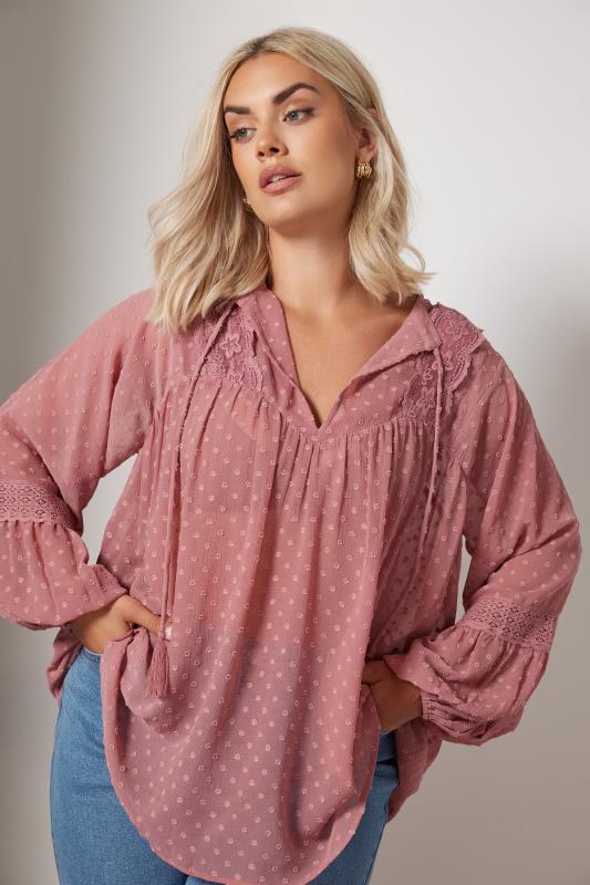 Yours YOURS Curve Pink Lace Detail Dobby Blouse