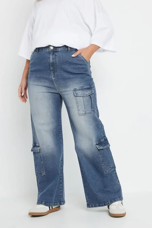Yours YOURS Curve Blue Washed Effect Cargo Jeans