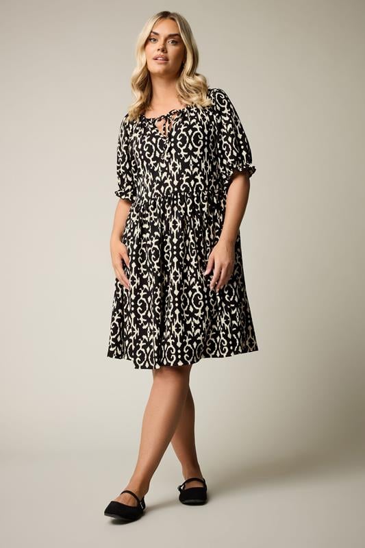 Yours YOURS Curve Black Ikat Print Textured Mini Dress