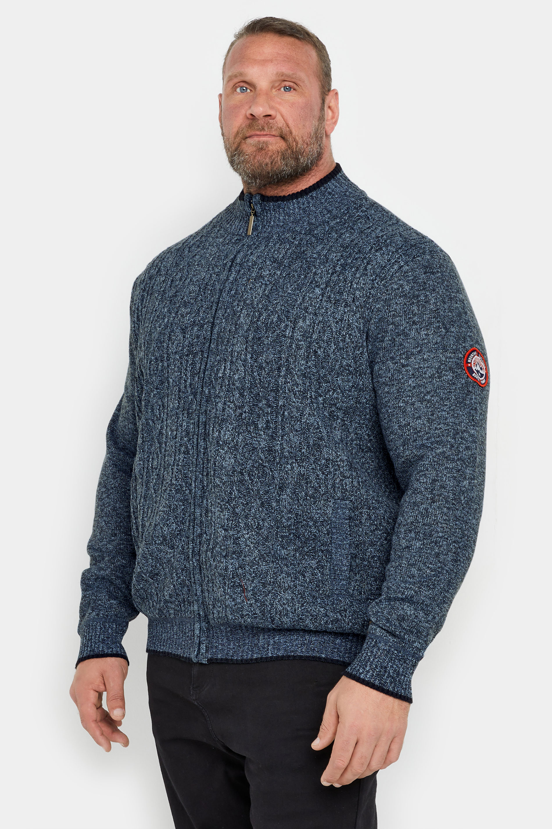 D555 D555 Big & Tall Blue Marl Zip Through Cable Knit Jumper