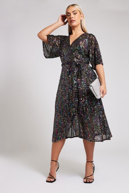 Yours London YOURS LONDON Curve Black Rainbow Sequin Wrap Dress