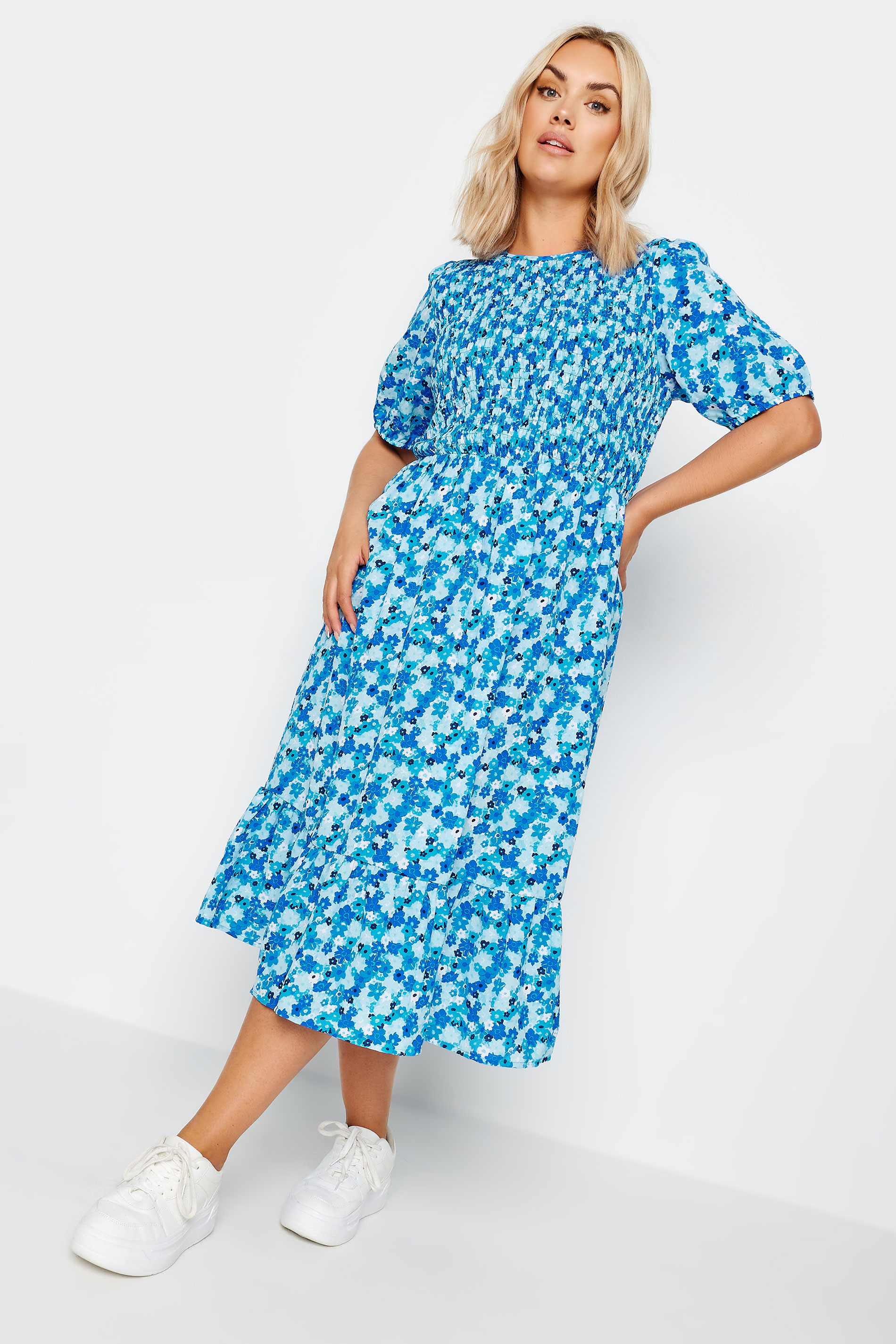 Yours Yours Curve Blue Floral Print Shirred Midi Dress