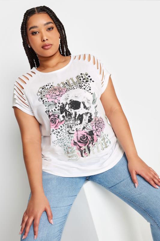 Yours YOURS Curve White Skull Print Cut Out Raglan Top