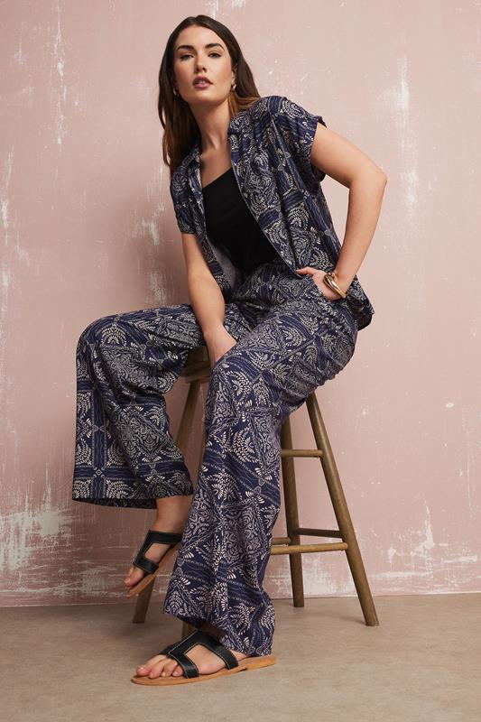 LTS LTS Tall Navy Blue Tile Print Wide Leg Trousers