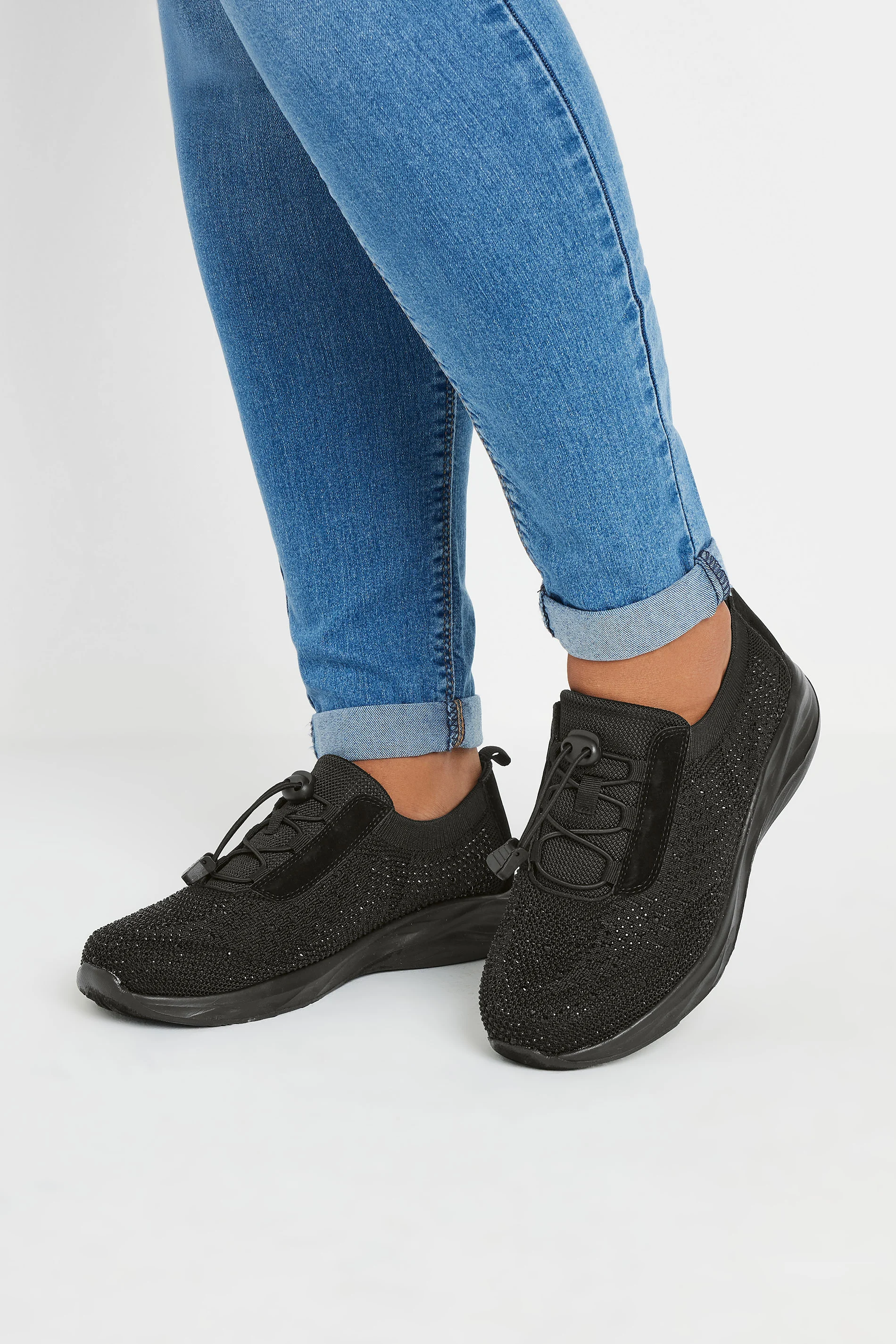 Yours Black Diamante Embellished Drawcord Trainers In Extra Wide EEE Fit