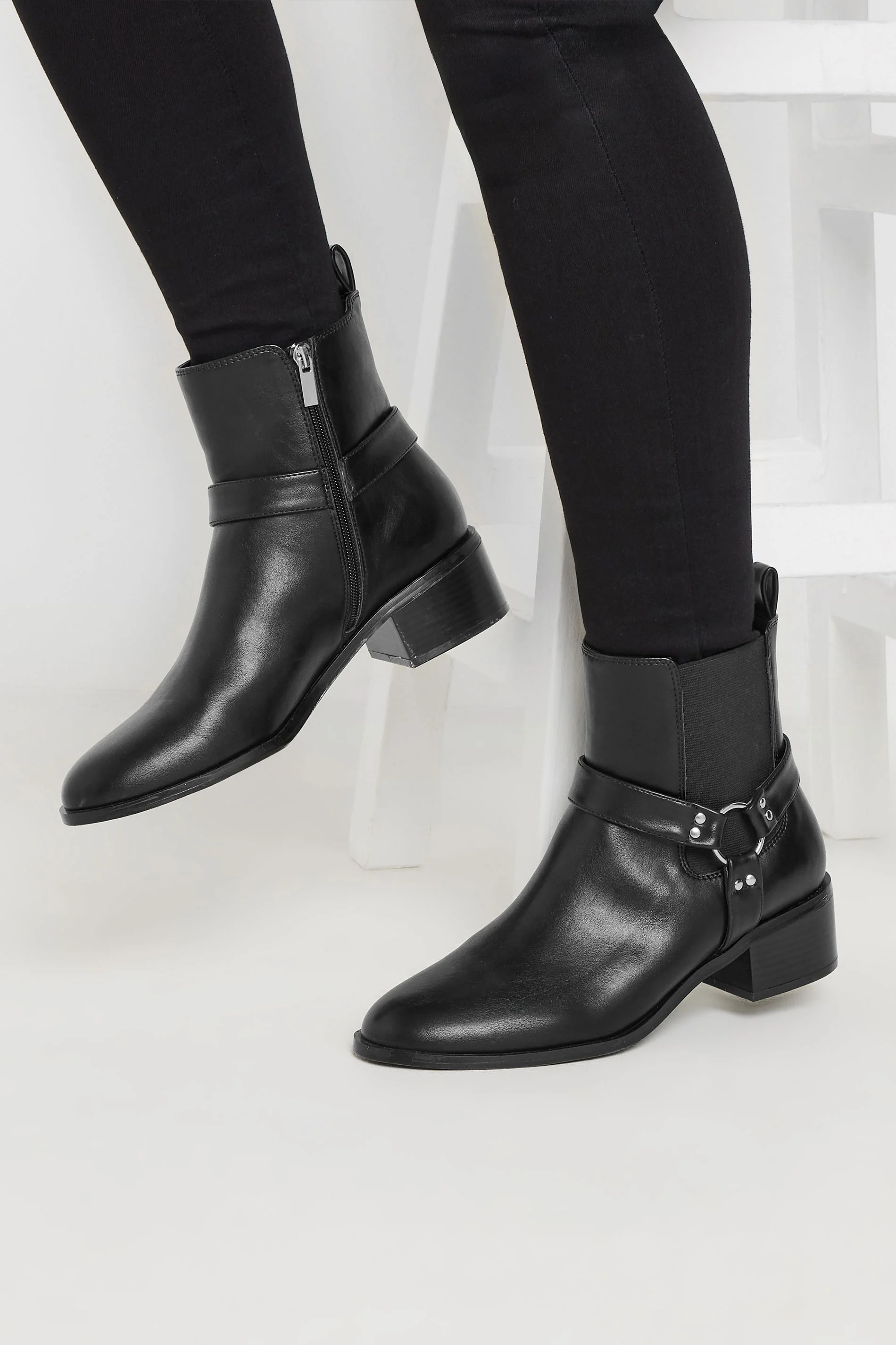 LTS LTS Black Faux Leather Harness Biker Boots In Standard Fit