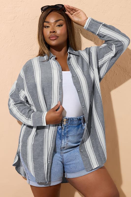 Yours Yours Curve Blue Stripe Linen Shirt
