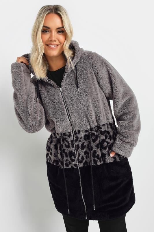 Yours YOURS Curve Grey Leopard Print Colour Block Fleece Jacket