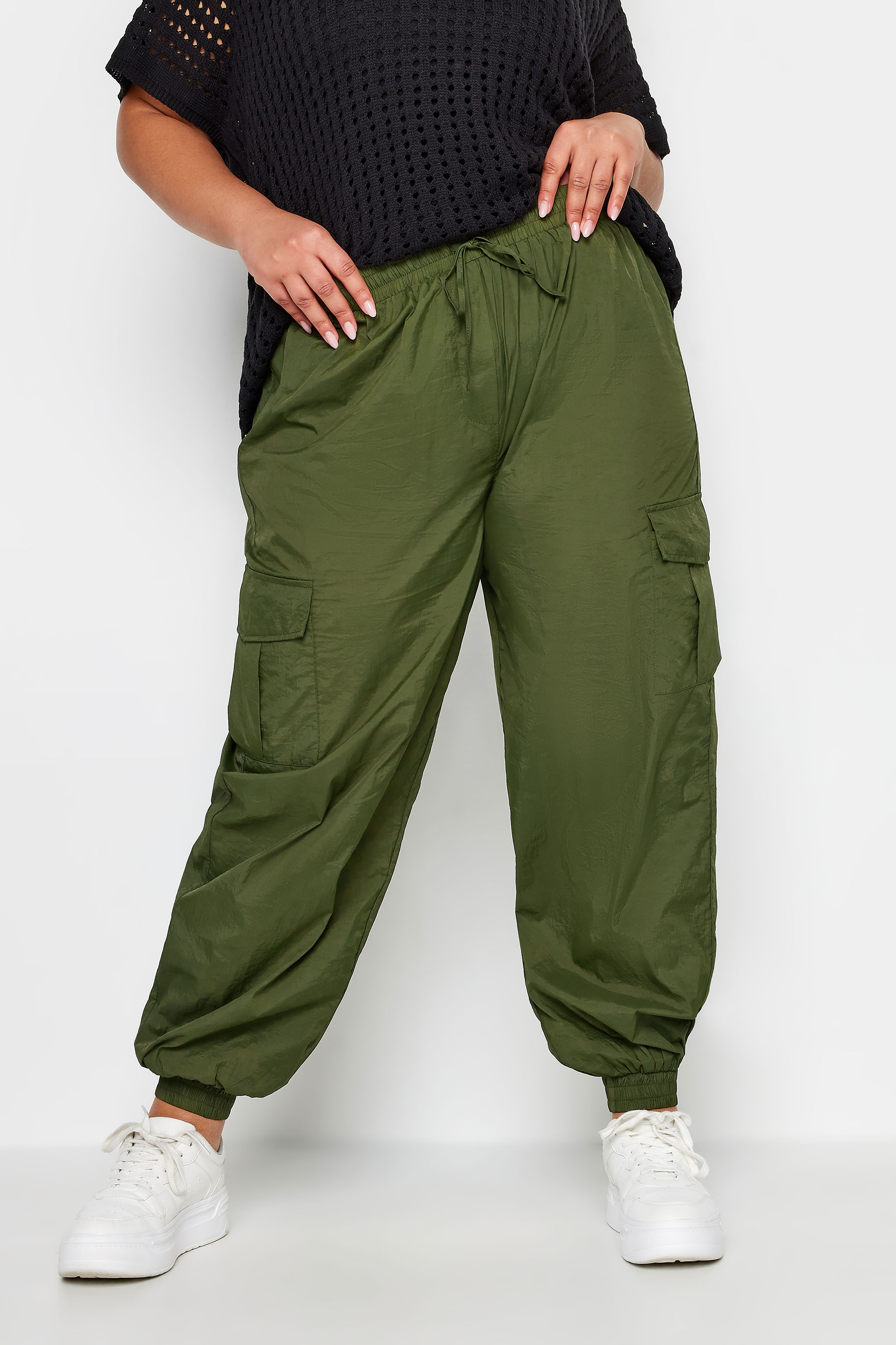 Yours YOURS Curve Khaki Green Cargo Pocket Parachute Trousers