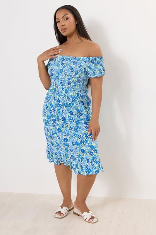 Yours YOURS Curve Blue Shirred Bardot Midi Dress