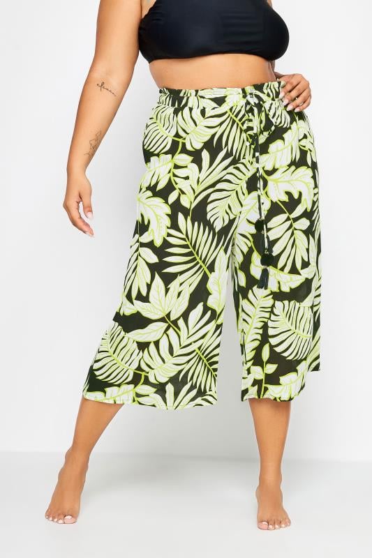 Yours YOURS Curve Black & Green Leaf Print Culottes