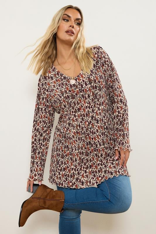 Yours YOURS Curve Rust Orange Floral Print Plisse Tunic Top