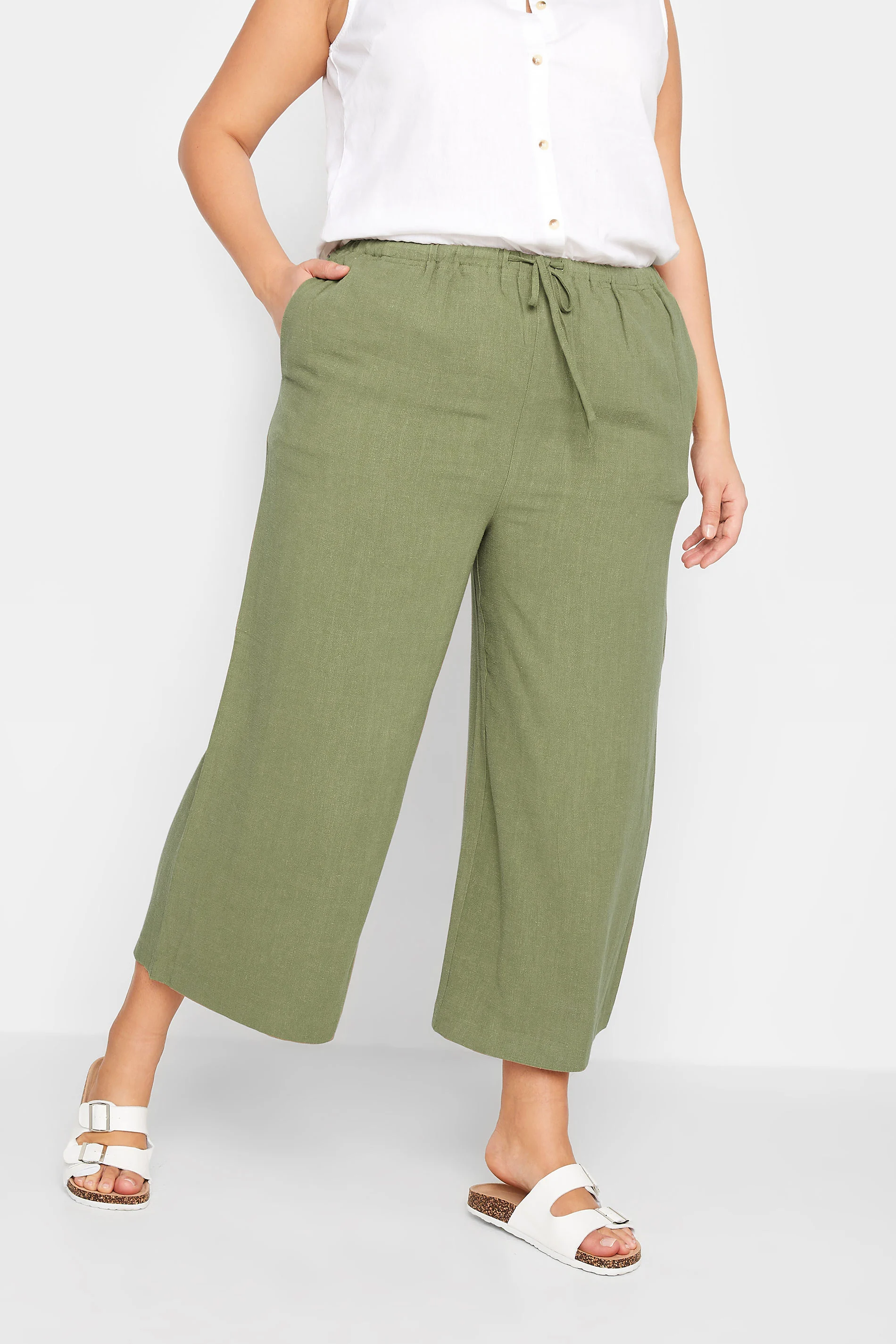 LTS LTS Tall Khaki Green Linen Tie Waist Cropped Trousers