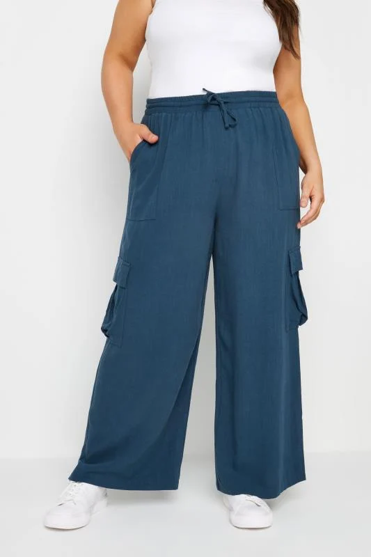 Yours YOURS Curve Navy Blue Linen Look Cargo Trousers