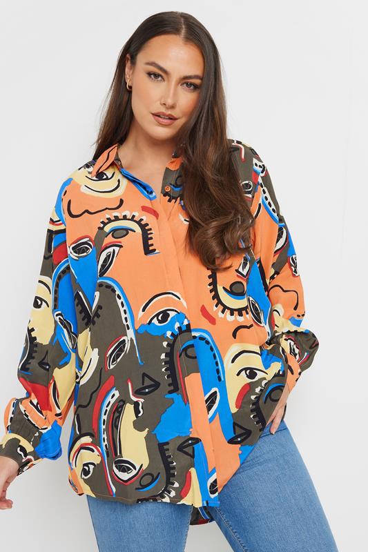 Yours YOURS Curve Blue & Orange Abstract Face Print Oversized Shirt
