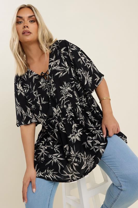 Yours YOURS Curve Black & White Palm Print Tie Neck Top