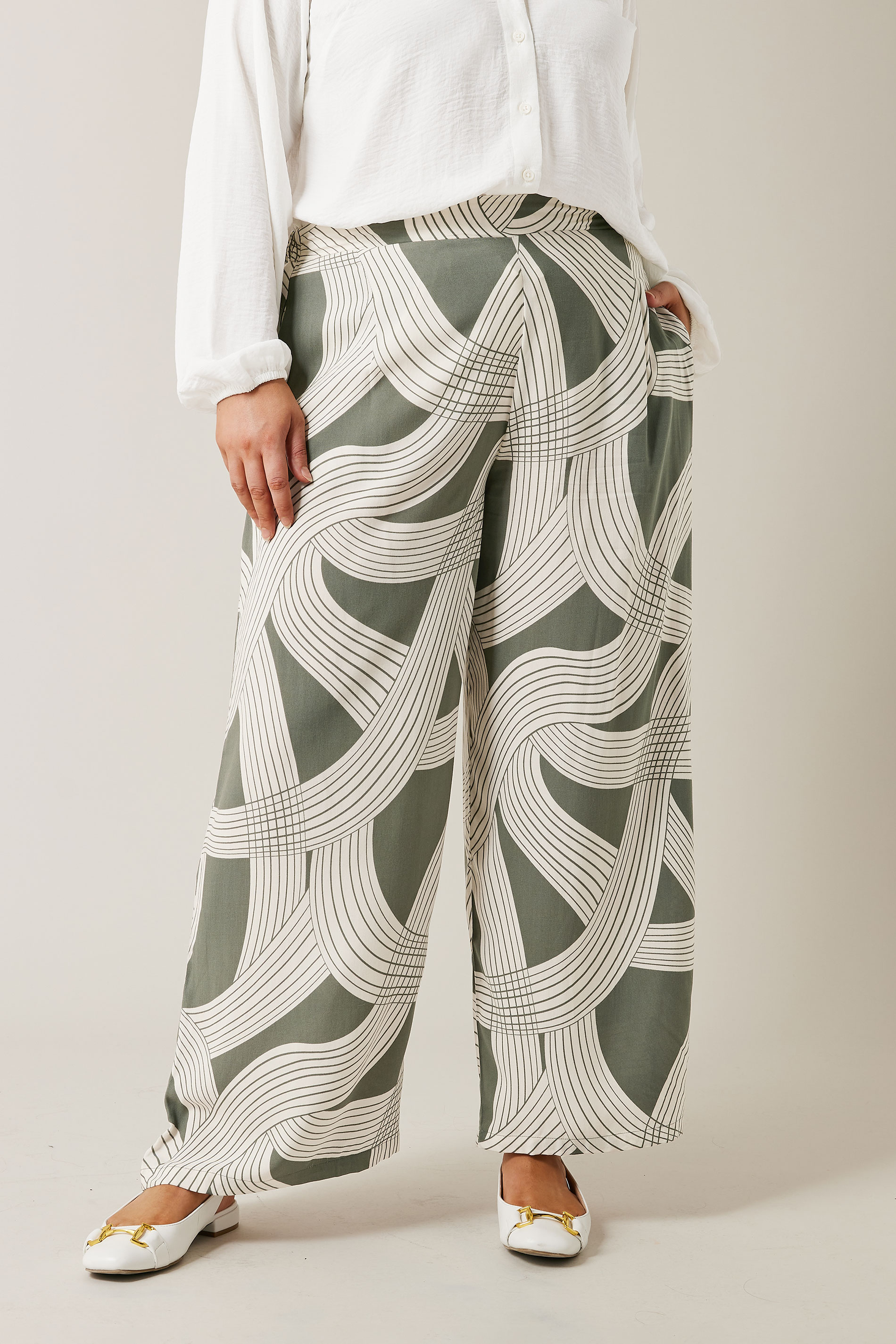 Evans EVANS Curve Olive Green Linear Print Wide Leg Trousers