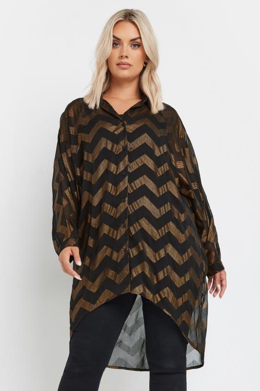 Yours YOURS Curve Black & Gold Metallic Zig Zag Dip Hem Shirt