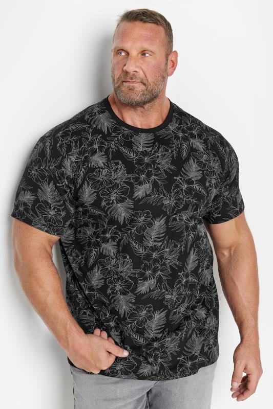 BadRhino BadRhino Big & Tall Black Leaf Outline Print Short Sleeve T-Shirt